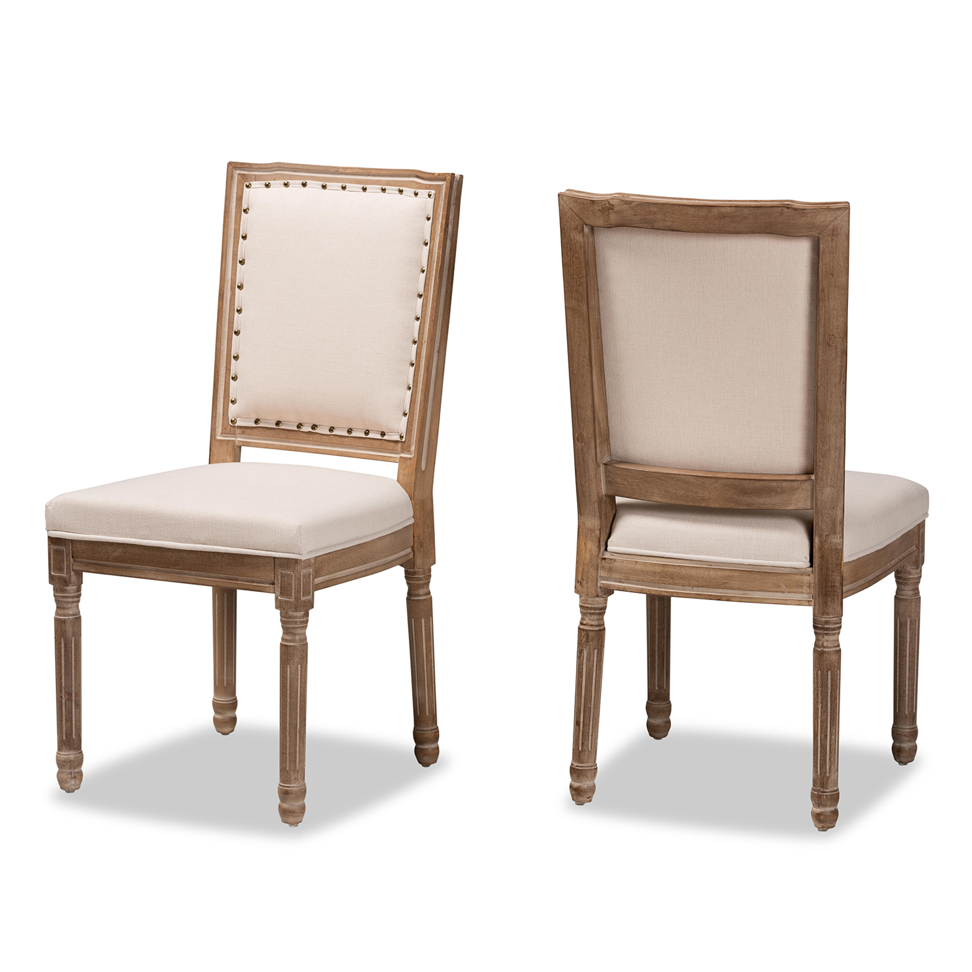 Baxton Studio Louane Traditional French Inspired Beige Fabric Upholstered and Antique Brown Finished Wood 2-Piece Dining Chair Set Affordable modern furniture in Chicago, classic dining room furniture, modern dining chairs, cheap dining chairs